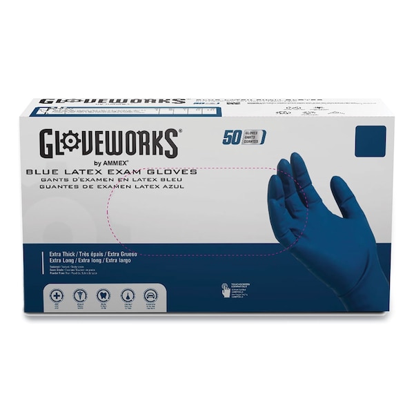 Gloveworks By Ammex Disposable Gloves, 13 mil Palm, Latex, Powder-Free, XL, 500 PK, Blue GPLHD88100 - main